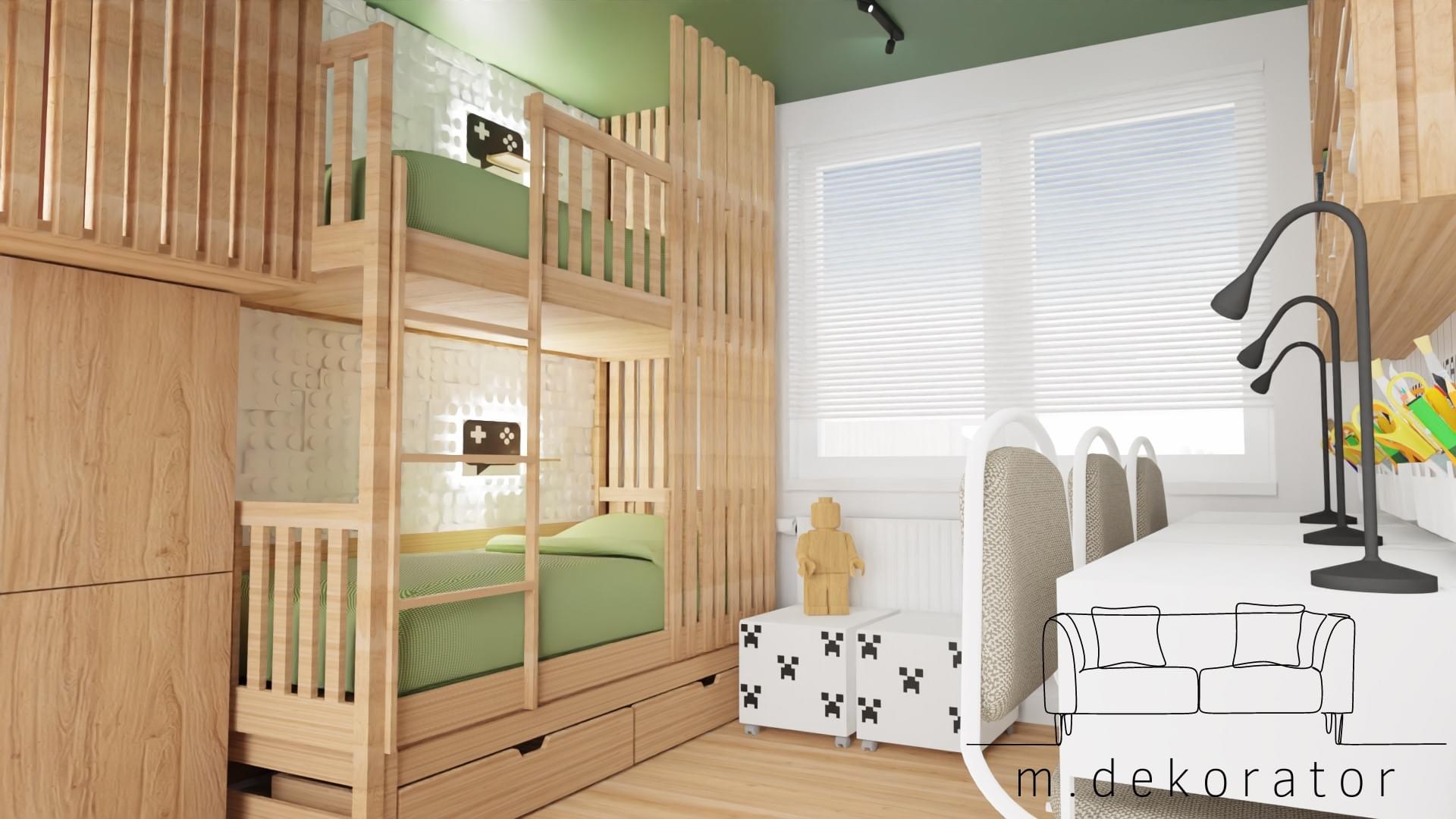 pokój dziecięcy z drewnianym łóżkiem piętrowym