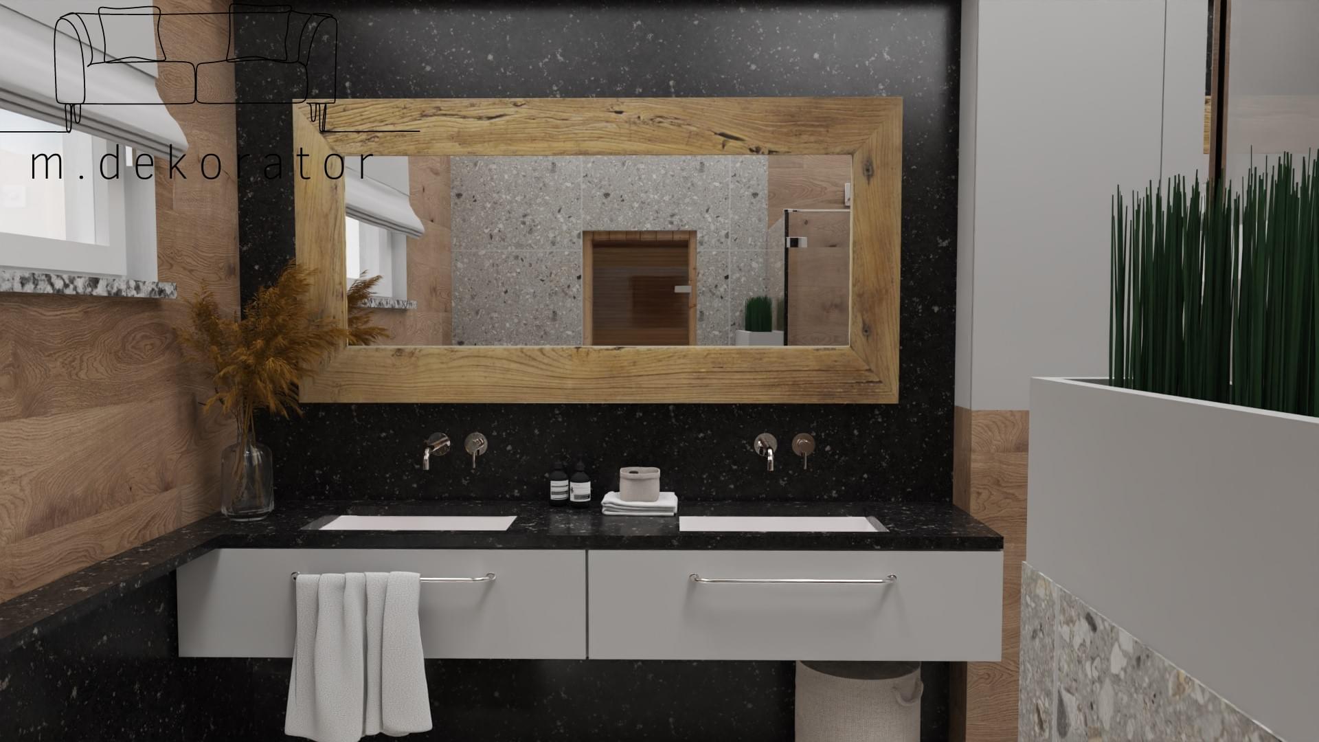 łązienka z dwoma umywalkami i dużym lustrem z drewnianą ramką