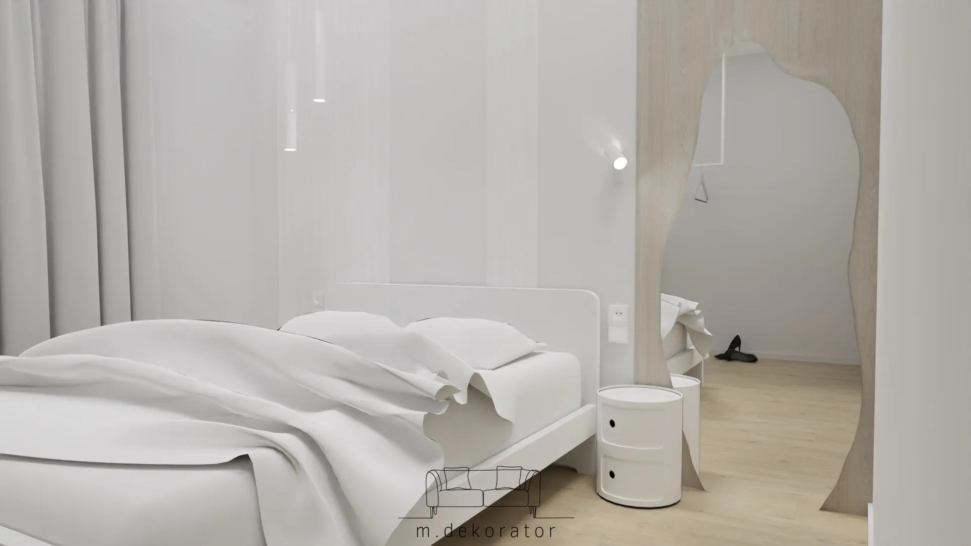 sypialnia z lustrem w organicznym kształcie