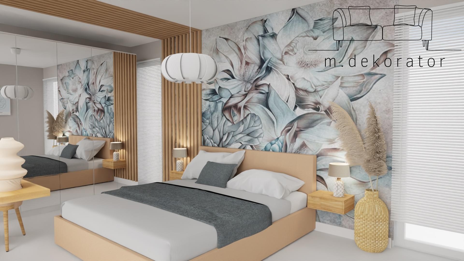 sypialnia z grafiką w kwiaty na ścianie
